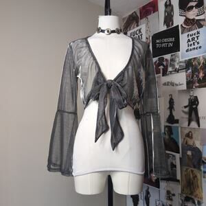 Metallic Sheer Bell Sleeve Tie Front Cardigan